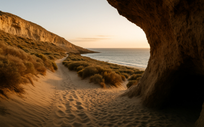 Sunlit coastal trail in Patagonia framed by a rocky cave, evoking remote wilderness and reflection. Featured in a personal opinion and variety blog.