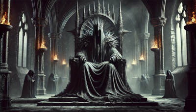 Dark throne room with a hooded figure seated on a large spiked throne, surrounded by robed figures and lit by tall flames in gothic arches.