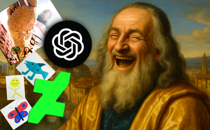 Laughing Renaissance-style man with OpenAI and DeviantArt logos, surrounded by odd digital art. Satirical post in a personal blog.