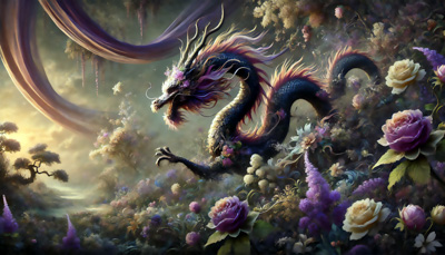 Colorful serpentine dragon with floral decorations emerging from a lush garden filled with roses, lavender, and misty light.