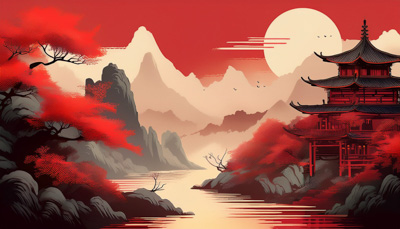 Traditional Asian pagoda near a river with red trees, mountain peaks, and a large setting sun in a stylized, minimalist landscape.