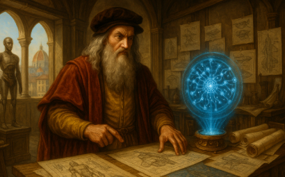 AI artwork of a Renaissance scholar refining blueprints beside a glowing orb. Shaping the Vessel Photoshop tutorial by Anavrin AI in the Create Like a God series.