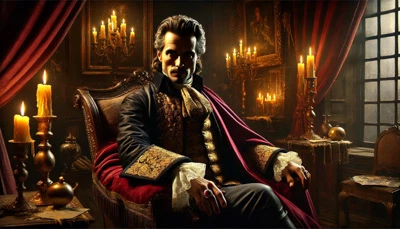 AI-generated portrait of Edmond Dantès as the Count of Monte Cristo, inspired by Alexandre Dumas. Man in ornate 19th-century clothing sitting in a richly decorated room with red curtains, candlelight, and antique furniture, gazing directly at the viewer.