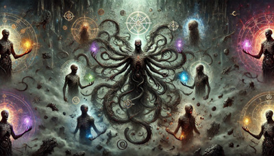 Dark cosmic scene with a central lovecraft tentacled figure surrounded by humanoid entities holding glowing orbs, with floating symbols and arcane designs in the background.