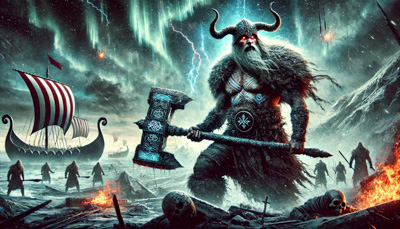 Bearded warrior with horned helmet and glowing eyes holding a large hammer in a snowy battlefield, with Viking ship, aurora borealis, and lightning in the background.