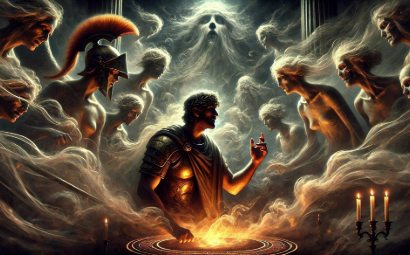 AI artwork of a Roman warrior surrounded by ghostly figures, symbolizing online criticism and public opinion. Featured in a personal opinion and variety blog.