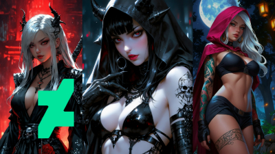 Dark fantasy original character adoptables by DeviantArt artist Anavrin-AI, featuring three seductive gothic heroines in detailed pin-up style. Click to view the full gallery.