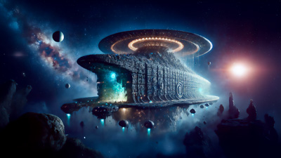 Large futuristic spaceship with glowing blue lights floating in deep space, surrounded by stars, asteroids, and distant planets. Anunnaky