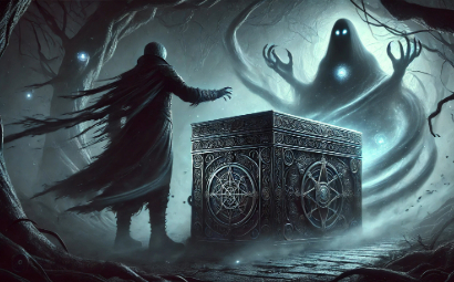 Dark AI-generated scene of a hooded figure summoning a glowing, rune-covered chest. Summoner’s Chest tutorial by Anavrin AI from the Create Like a God series.