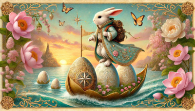 White rabbit in ornate coat sailing on golden eggs across a lake at sunset, surrounded by pink flowers, butterflies, and soft vintage fairy tale scenery.